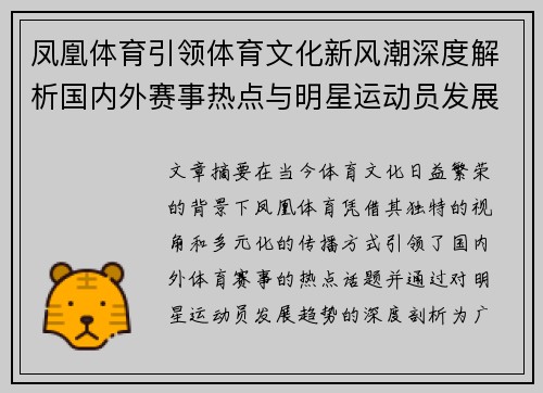 凤凰体育引领体育文化新风潮深度解析国内外赛事热点与明星运动员发展趋势